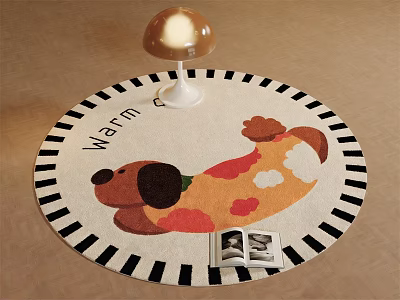 Round Carpet With Cartoon Dog Design Black White Striped Edge Warm Home Decor 3d model