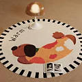 Round Carpet With Cartoon Dog Design Black White Striped Edge Warm Home Decor