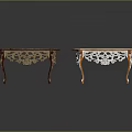 Ornate Vintage Furniture Tables With Purple And White Carved Tops And Golden Decorative Legs