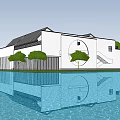 Modern White Building With Dark Blue Roof Round Window Grass Water Reflection Red Maple Leaves Trees 3d model