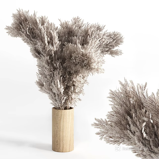 Natural Wooden Vase With Gray Dried Flowers For Modern Home Decor Accent 3d model 