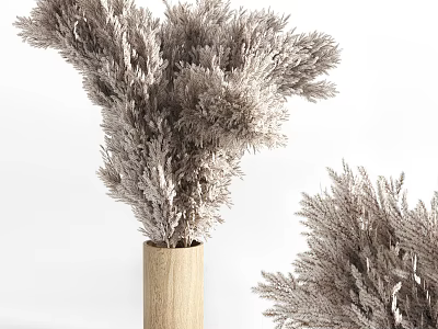 Natural Wooden Vase With Gray Dried Flowers For Modern Home Decor Accent 3d model