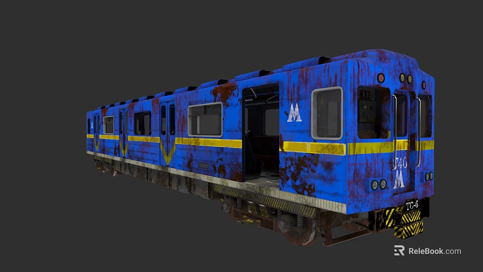 Rusty Blue Subway Train Featuring Yellow Stripes And Open Doors Exterior View 3d model 