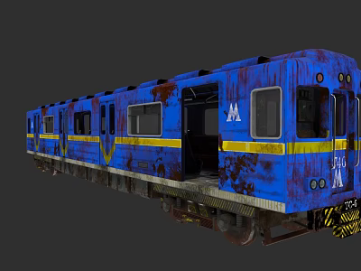 Rusty Blue Subway Train Featuring Yellow Stripes And Open Doors Exterior View 3d model
