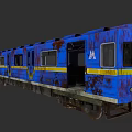 Rusty Blue Subway Train Featuring Yellow Stripes And Open Doors Exterior View 3d model