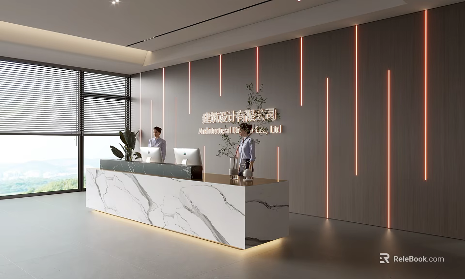 Modern Reception Desk with Marble Countertop and Vertical Light Stripes in Office Space 3d model 