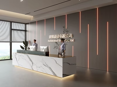 Modern Reception Desk with Marble Countertop and Vertical Light Stripes in Office Space 3d model