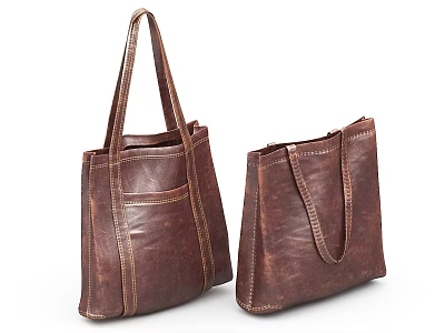 Brown Leather Tote Bags With Classic Stitching Design And Dual Sizes 3d model