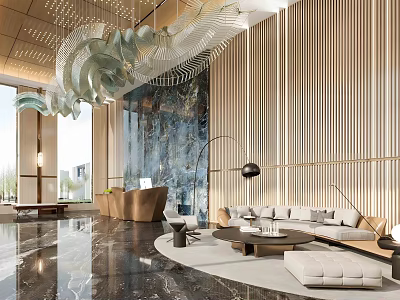 Elegant Modern Hotel Lobby Interior Design With Chandelier Wooden Wall And Marble Floor 3d model