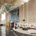 Elegant Modern Hotel Lobby Interior Design With Chandelier Wooden Wall And Marble Floor