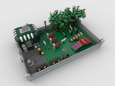 Building Blocks Garden Scene With Green White Striped Hut Trees Fence And Mini Figures 3d model