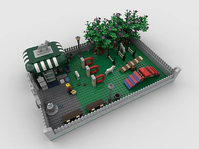 Building Blocks Garden Scene With Green White Striped Hut Trees Fence And Mini Figures 3d model