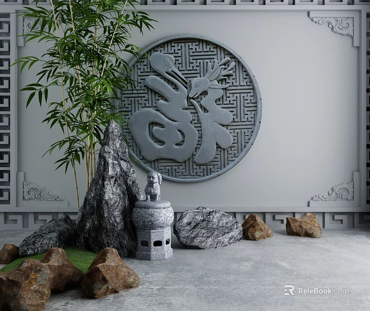 Traditional Chinese Garden Ornament with Bamboo Rockery Stones Small Stone Statue and Circular Fu Character 3d model 