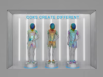 Cooks Mannequins Display Different Apparel In Modern Showcase With Lighting 3d model