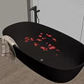 Black Oval Bathtub With Rose Petals And Towel On Wooden Floor Near Window Blinds