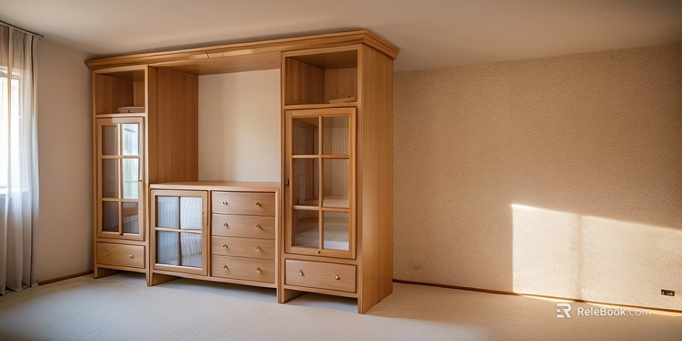 Wooden Sideboard With Glass Doors Drawers And Natural Light In Room 3d model 