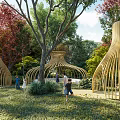 Serene Garden Landscape with Mushroom Shaped Wooden Pavilions Green Red Foliage and People Relaxing
