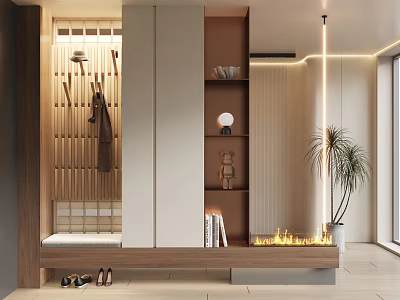 Modern Foyer Hallway With Wooden Storage Bench Coat Rack Fireplace And Potted Plant 3d model