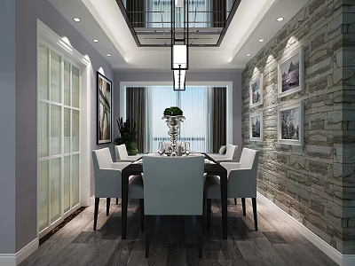 Elegant Restaurant Interior With Dining Table Chairs Chandelier Stone Wall And Decorative Paintings 3d model