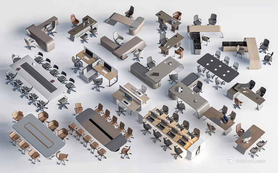 Modern Office Desks With Various Designs Different Shapes And Matching Chairs 3d model 