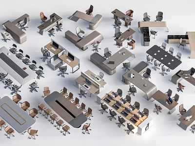 Modern Office Desks With Various Designs Different Shapes And Matching Chairs 3d model
