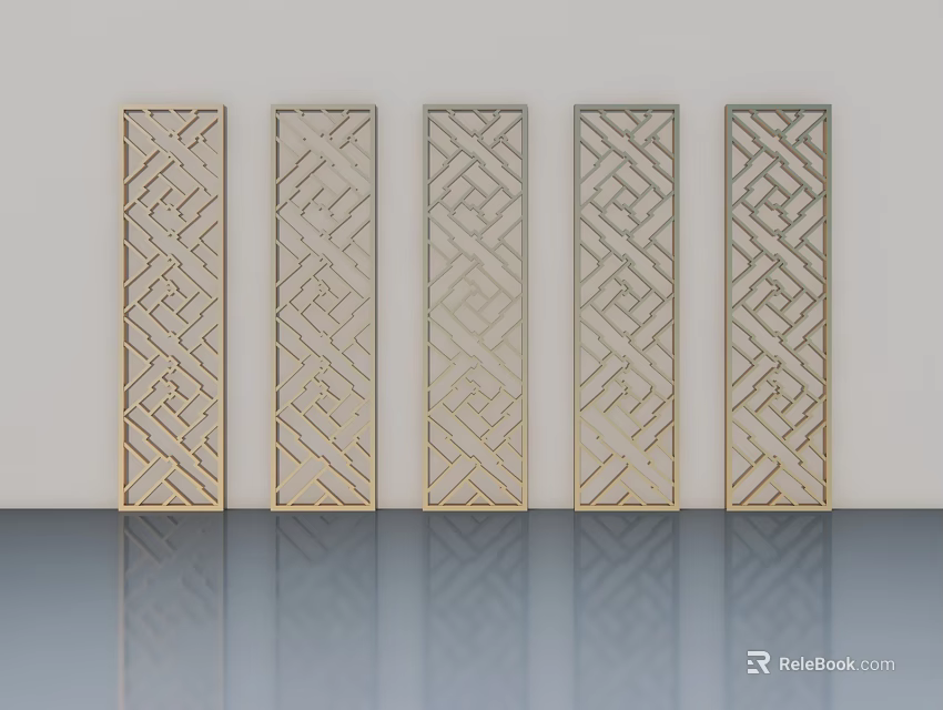 Five Golden Framed Hinged Doors with Geometric Patterns on White Background and Reflective Floor 3d model