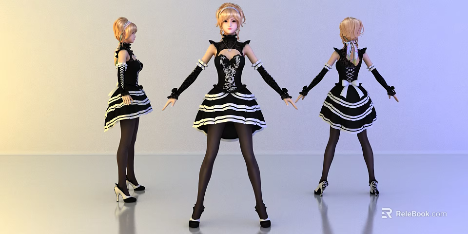 Game Movie Character Wearing Black White Dress With Black Stockings High Heels Three Angles 3d model 