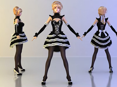 Game Movie Character Wearing Black White Dress With Black Stockings High Heels Three Angles 3d model