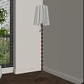 Twisted Wooden Floor Lamp With Beige Shade In Room With Window Blinds And Potted Plant