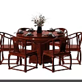 Mahogany Round Dining Table Set With Six Chairs Flower Vase And Tableware 3d model