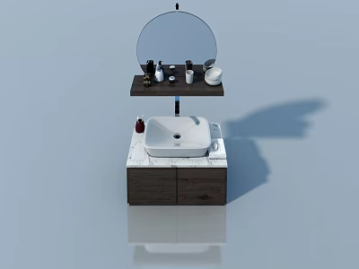 Bathroom Vanity With Double Hinged Doors And Marble Countertop Mirror 3d model