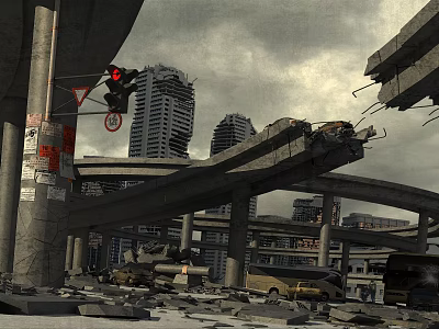 Cartoon Post Apocalyptic Urban Scene Featuring Broken Viaducts Collapsed Buildings Abandoned Vehicles And Dark Sky 3d model