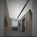 Modern Elevator Hallway With Wooden Panels Linear Lighting Window And City View 3d model