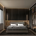 Modern Bedroom Interior With Dark Wood Accents Grey Headboard Nightstand Table Lamp And Open Wardrobe