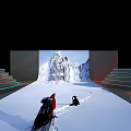Snowy Mountain Landscape With Two People On Snowy Ground And Illuminated Steps