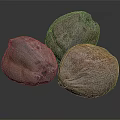 Three Pinkish Brown Coconuts on Dark Reflective Surface with Textured Skin