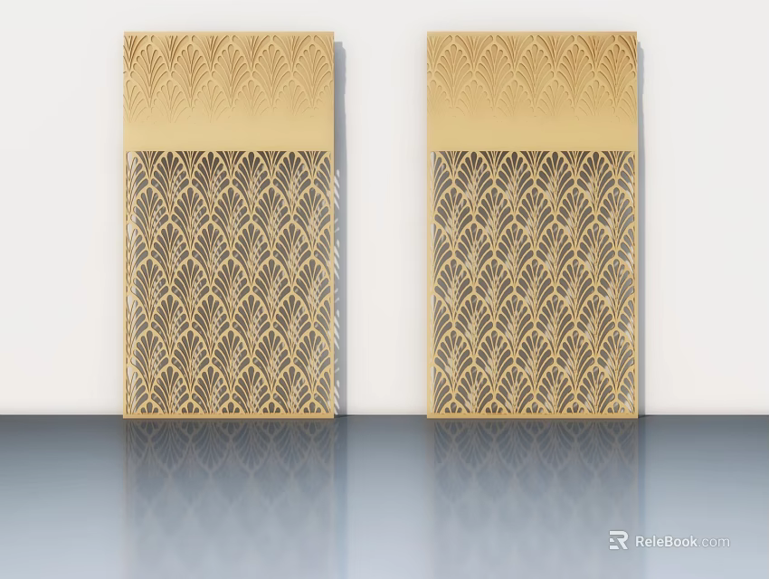 Elegant Golden Hinged Doors Featuring Intricate Pattern Design For Modern Interior 3d model