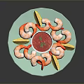 Fresh Shrimp Dish With Lemon Slices And Red Sauce Served On Blue Plate