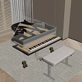 Transparent Acrylic Piano With White Bench On Gray Rug And Wooden Floor