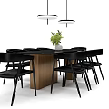 Modern Dining Table Set With Black Chairs Wooden Table And Green Plant