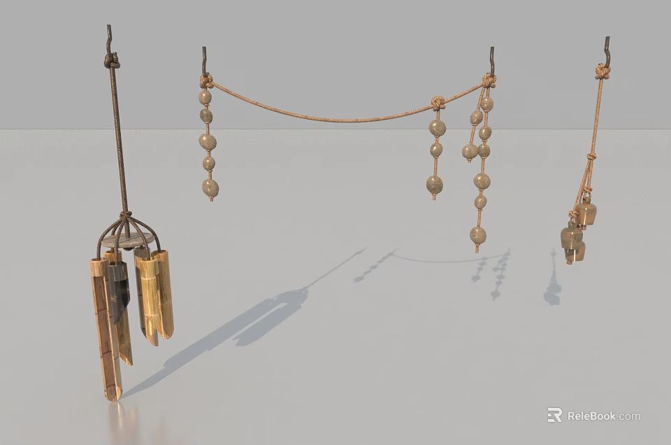 Golden Metal Hanging Ornament With Beads Chains And Bell Shaped Pendants 3d model 