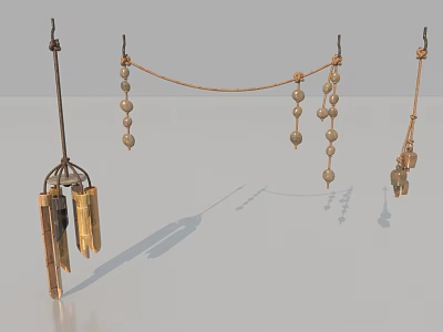 Golden Metal Hanging Ornament With Beads Chains And Bell Shaped Pendants 3d model