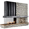 Modern Stone Wall Fireplace With Black Metal Mantel Burning Flames And Stacked Firewood