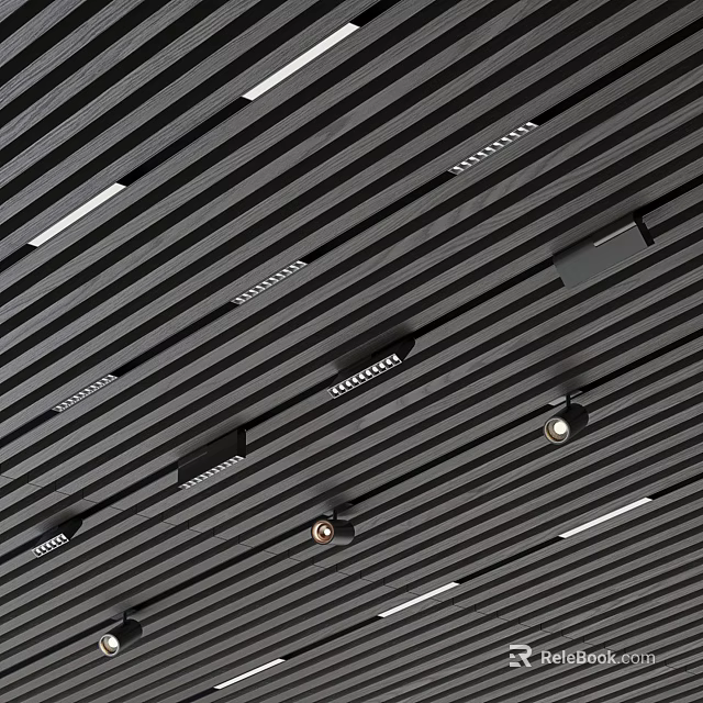 Modern Black Slat Grid Ceiling Interior Design Featuring Recessed Downlights And Spotlights 3d model