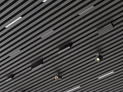 Modern Black Slat Grid Ceiling Interior Design Featuring Recessed Downlights And Spotlights 3d model