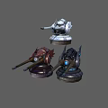 Three Different Designed Mechanical Weapon Turrets With Colorful Details And Glowing Blue Elements