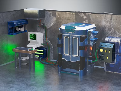 Industrial Blue White Equipment Setup With Control Panel Screen Pipes Green Lighting In Room 3d model