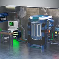 Industrial Blue White Equipment Setup With Control Panel Screen Pipes Green Lighting In Room