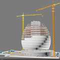 Dome Shaped Building Under Construction With Tall Cranes Scaffolding And Equipment