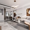Modern Open Living Dining Room With Curved Chandelier Gray Sofa And Abstract Wall Art